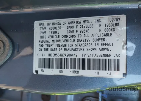 2007 Honda Accord 2.4 Lx from USA, damaged, VIN 1HGCM564X7A206442